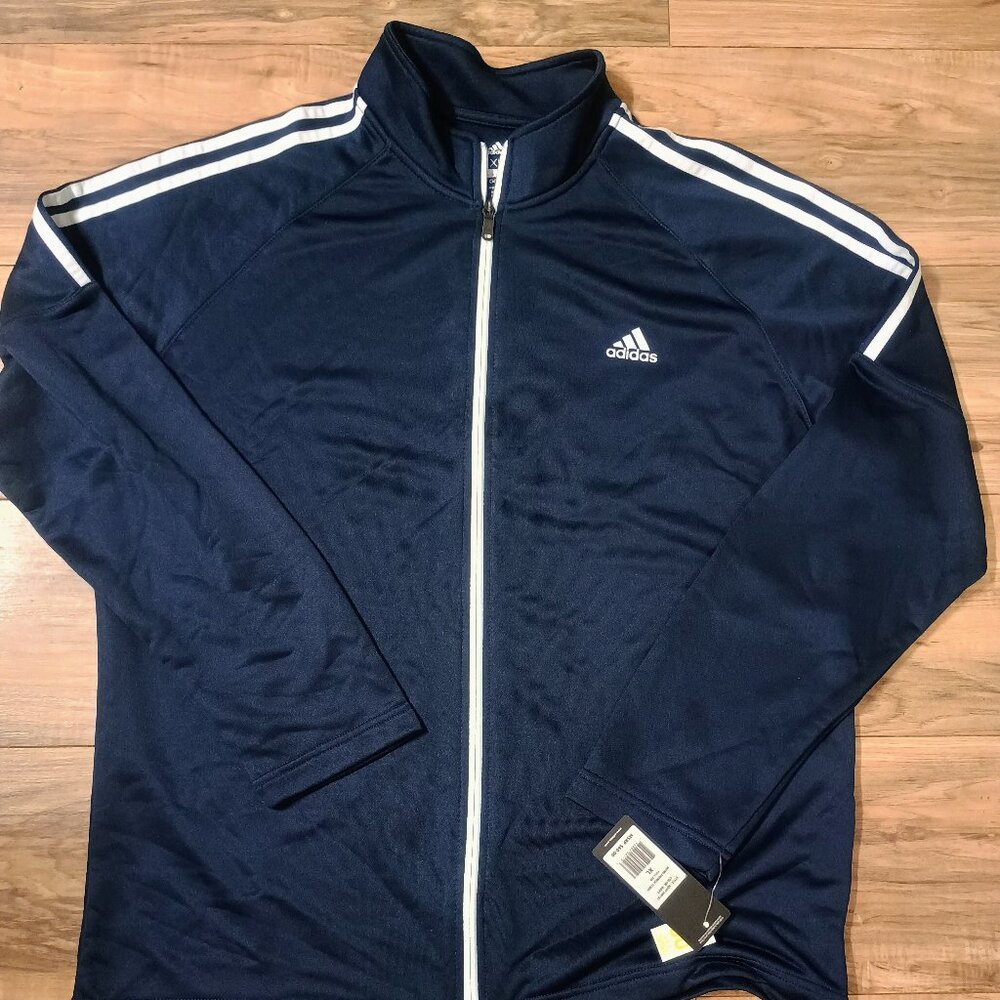 Adidas Men's Navy Blue Track Jacket with White Stripes